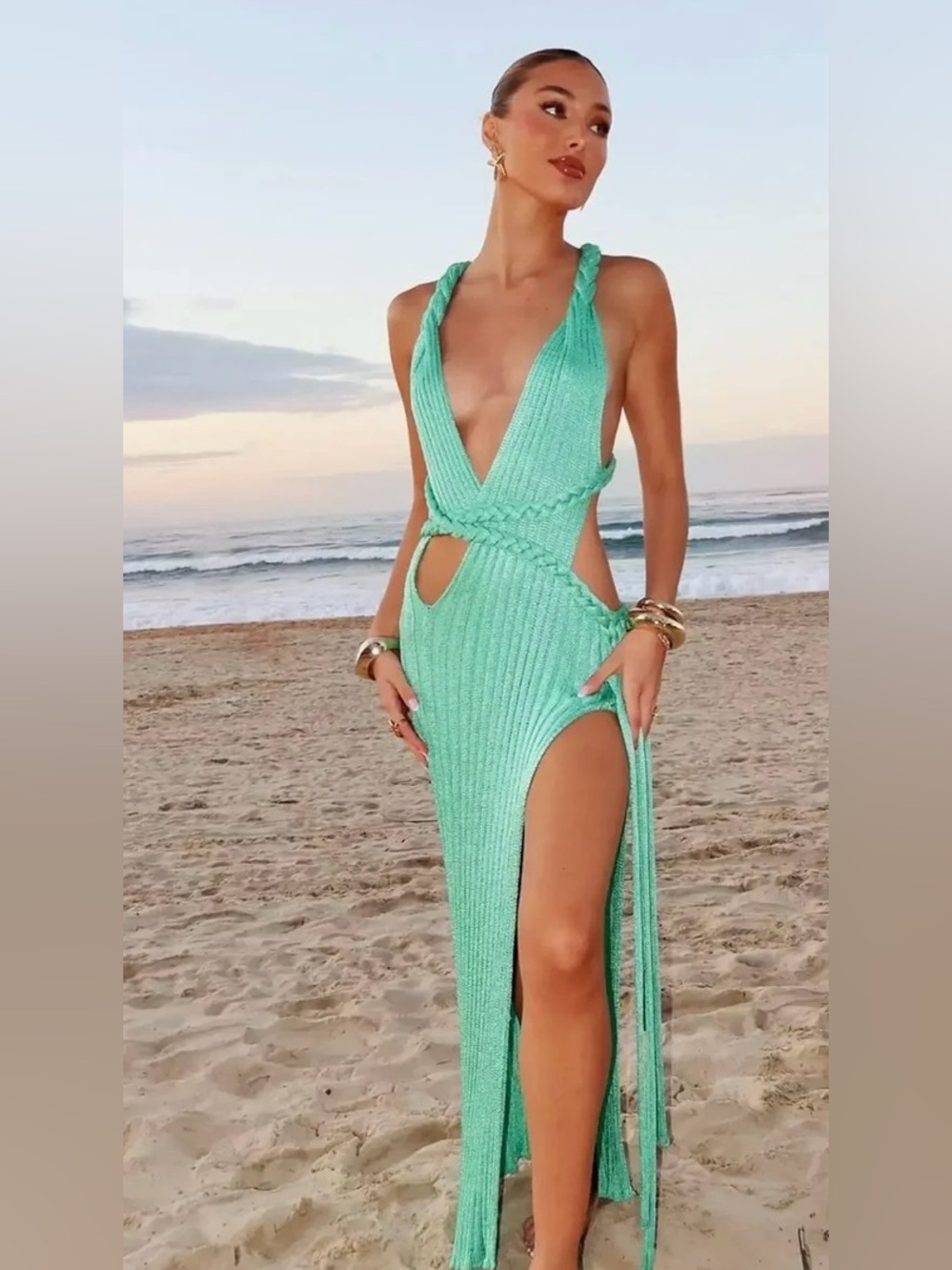 Seafoam Knit Maxi Dress with Side Slit